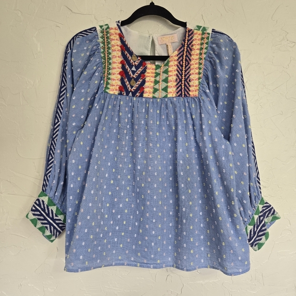 Anthro Verb by Pallavi Embroidered Swiss Dot Boho Blue Top - Picture 2 of 13